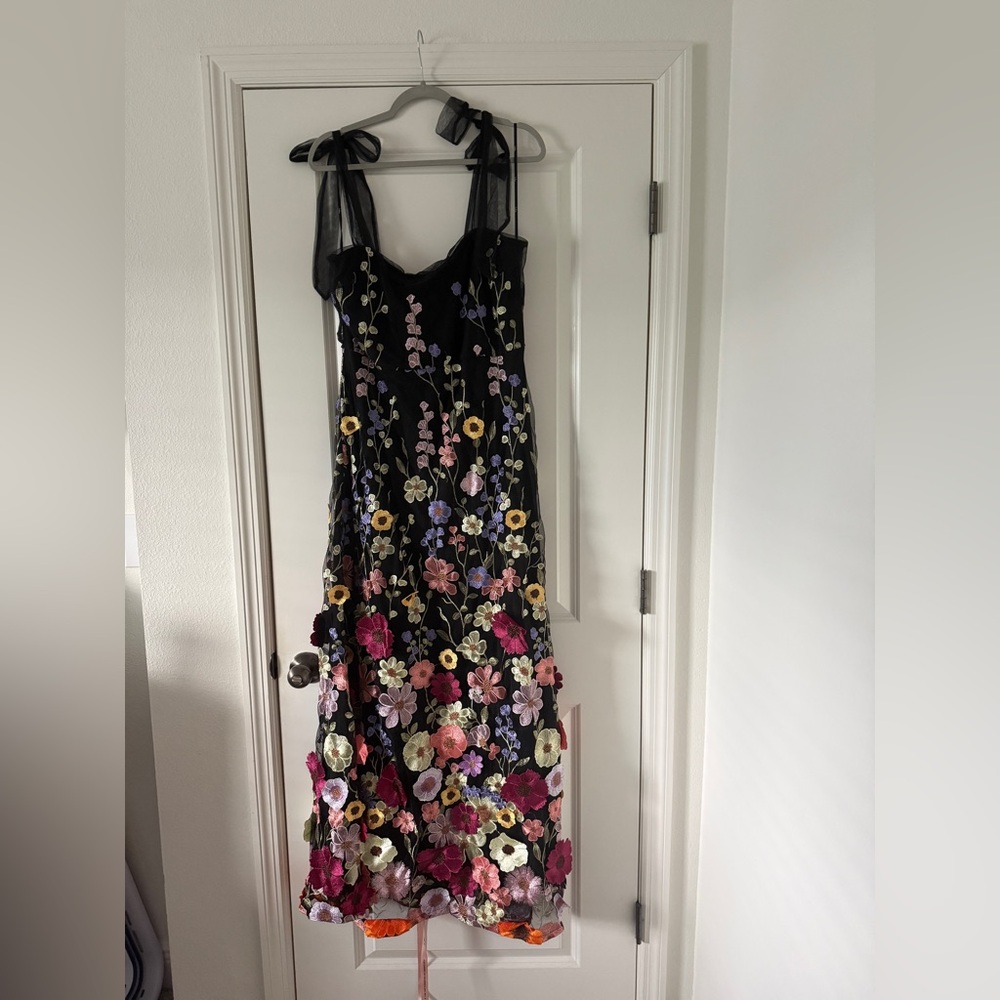Lulus Thriving Poise Black 3D Floral Embroidered Tie-Strap Maxi Dress